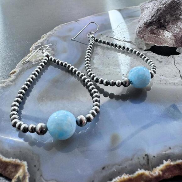 Native American Sterling Silver Navajo Beads w/Larimar Hoop Earrings For Women - Picture 3 of 10